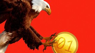 Illustration of a bald eagle flying down to grab a golden coin with a binary code